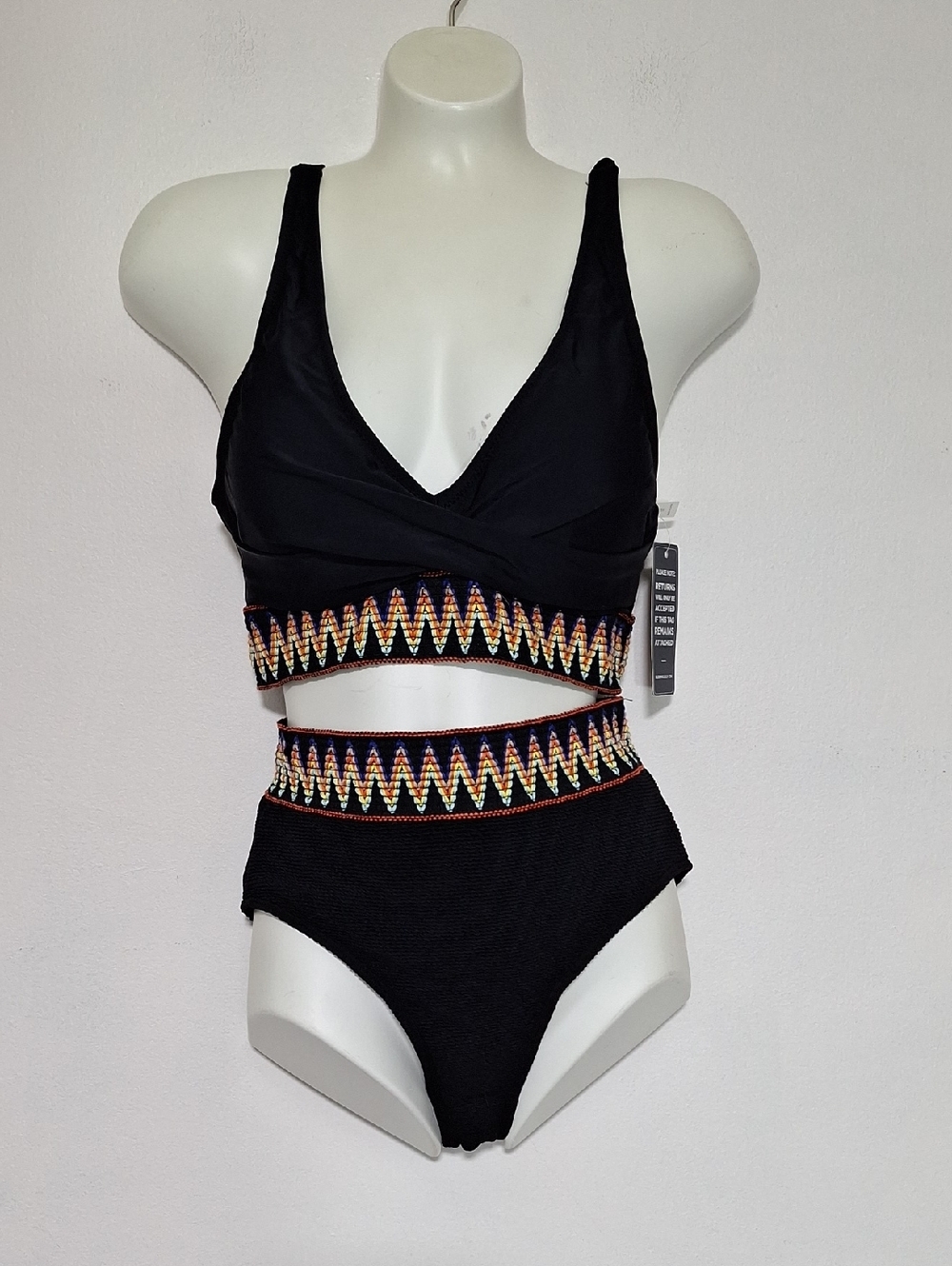 Blooming Jelly Black High-Waist Bikini Set with Multicolor Chevron Trim